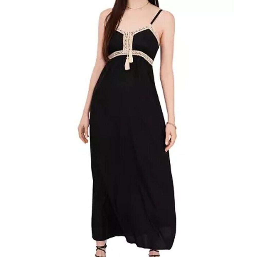 1.State Women Sleeveless Maxi Dress Black Crochet Trim Tassels Size XXL